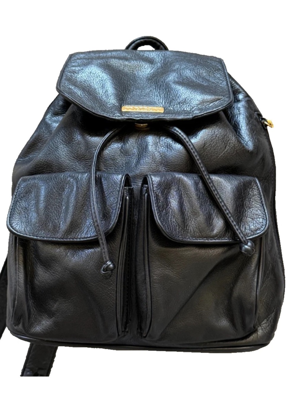 Vtg DKNY Donna Karan Leather Bagpack/ bag Women's Black Drawstring gold logo Y2K